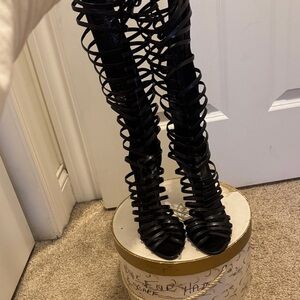 Tamara Mellon black leather knee-high gladiator heels